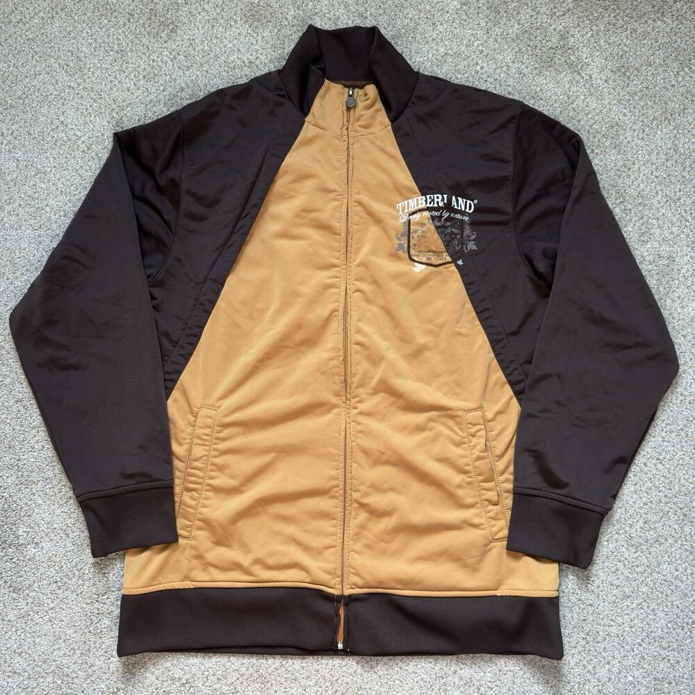 Timberland Full Zip Track Jacket Mens Large Brown Tan Relaxed Fit Fleece Lined